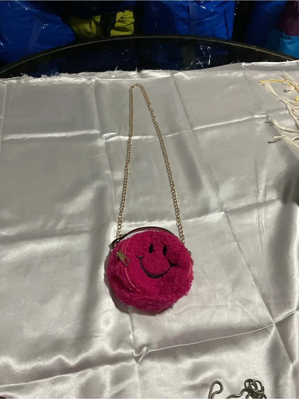 Fuchsia Smiley Faux-Fur Crossbody Bag